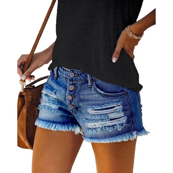 Women Mid Rise Ripped Stretchy Jeans Shorts Frayed Raw Hem Casual Denim Shorts - Picture 2 of 4